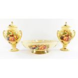 A group of Aynsley Orchard Gold porcelain, comprising a fruit bowl, 26cm wide, and a pair of twin ha