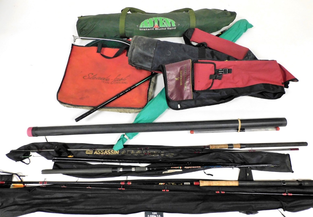 A Browning fishing rod holdall, and three feeder rods, etc., including a small tent and net bag.