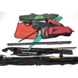 A Browning fishing rod holdall, and three feeder rods, etc., including a small tent and net bag.