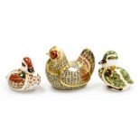 Three Royal Crown Derby bird paperweights, Farmyard Hen, limited edition number 816/5000, 10cm, wide