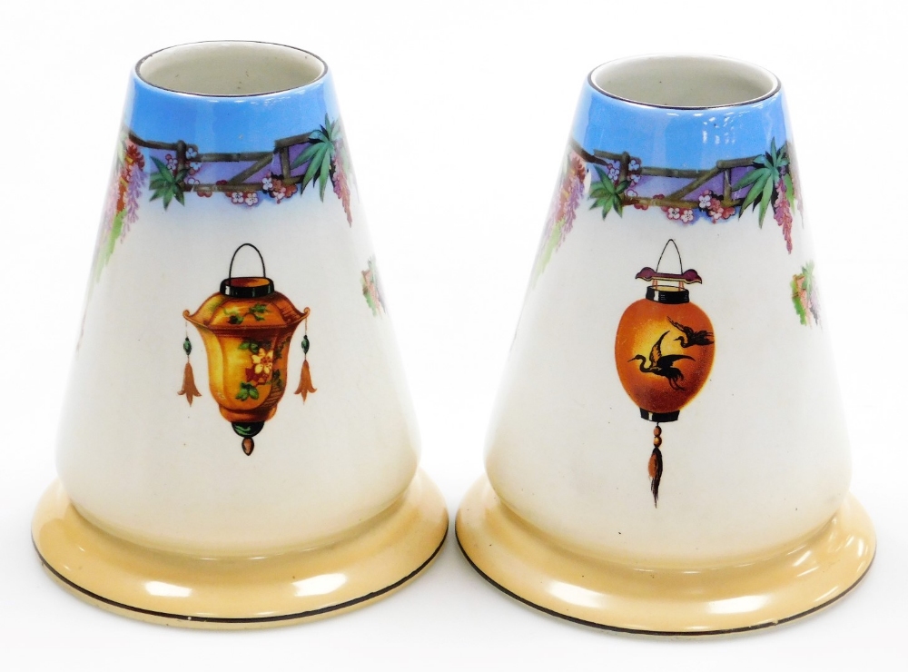 A pair of Staffordshire early 20thC pottery vases, of tapered conical form with a Japanese design d - Image 2 of 3