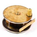 An early 20thC Mullocks brass salmon fly reel, 4¾" (12cm) diameter, with ivory handle and engraved i