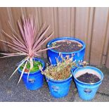 Three Heritage garden blue glaze plant pots, and a further blue glazed plant pot, 35cm high.