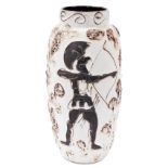 A West German pottery vase, depicting Greek warriors, of shouldered form, on a cream ground, no 553-