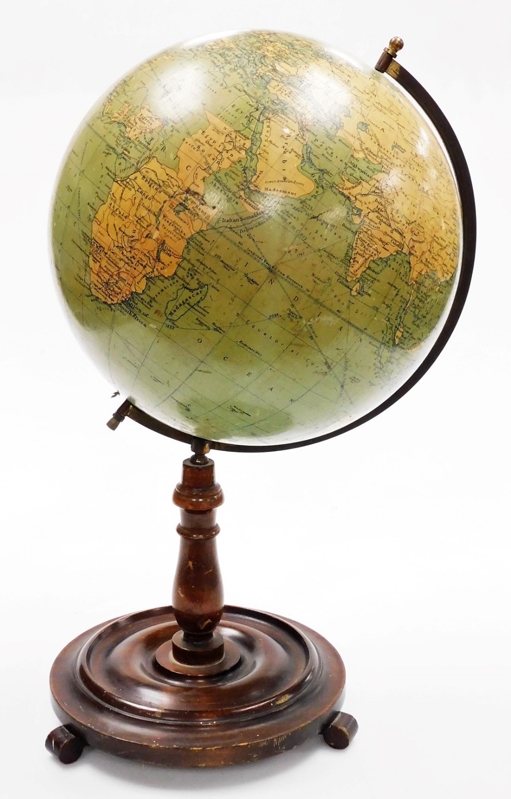 An early 20thC Phillips 14'' terrestrial globe, number 2615, showing the principle steamship routes
