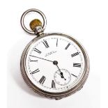 A Victorian gentleman's silver cased pocket watch, open faced, keyless wind, white enamel dial beari