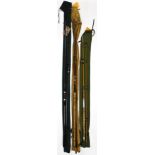 Three fishing rods, comprising a Vortex spinning rod 8ft, a Shakespeare Alpha 10ft spinning/carp rod