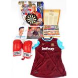 A quantity of sporting ephemera, etc., to include a West Ham United signed football shirt, a pair of