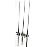 Three sea fishing boat rods with reels, including a Silstar ET3603 rod with G&Y Tatler multiplier re