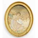 A 19thC silk embroidery of a girl with bonnet in wheat field, 13cm x 17cm, in an oval gilt frame. (