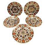 Five Royal Crown Derby Imari pattern porcelain plates, pattern number 1128, printed marks, 26.5cm di