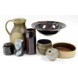 A group of studio pottery, to include a lipped bowl on a dark brown ground decorated with flashes of