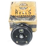 A JW Young's Pridex fly fishing reel, 3&#8540?" (8.5cm) diameter, with original box.