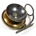 A late 19thC Mullocks brass side castor reel, 3¾" (9.5cm) diameter, makers stamp Mullocks Patent.