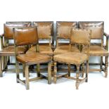 A harlequin set of ten Jacobean style oak dining chairs, with tan leather backs and over stuffed sea