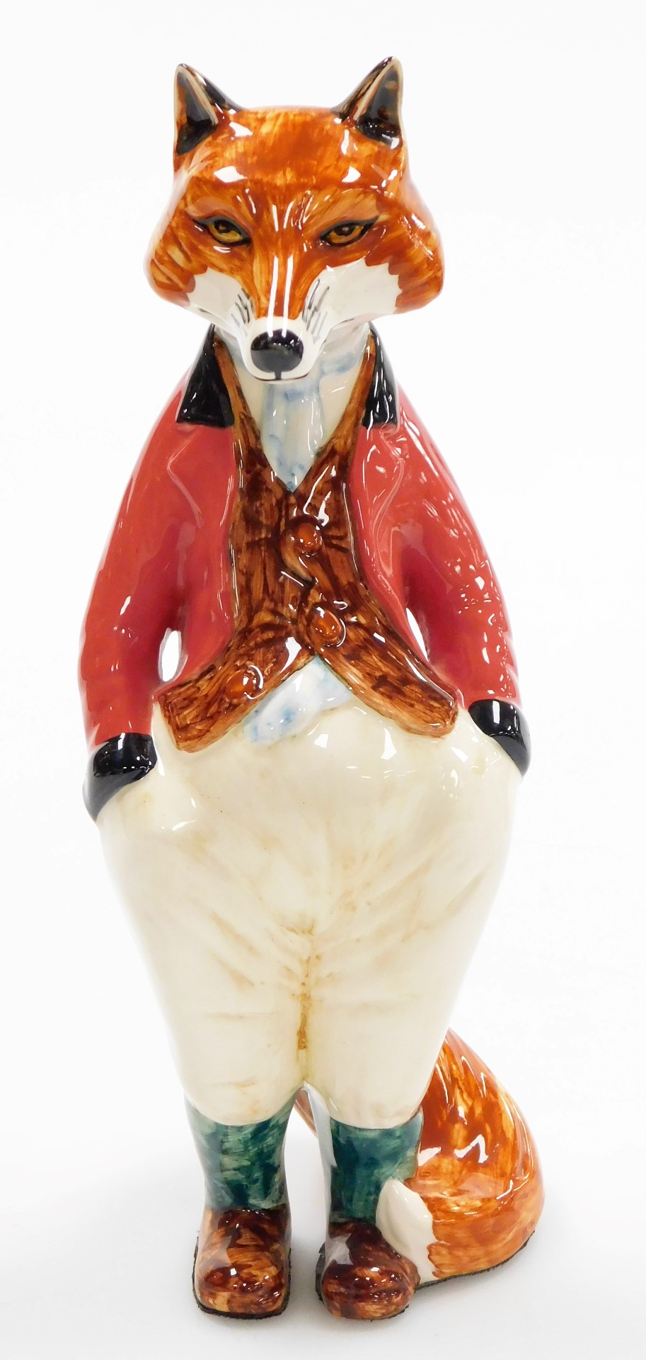 A Rye pottery fox figure, of a gentleman fox in red waistcoat, signed LB, 23cm high. We have speci