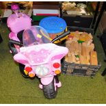 Various childrens toys, to include a Princess motorcycle in pink, various wooden building blocks, et