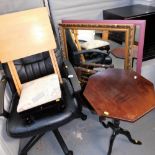 A group of furniture, etc., to include an office swivel chair, footstool, various wall mirrors, occa