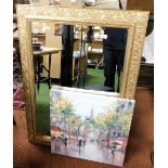 A gilt framed rectangular wall mirror, the border decorated with flowers, leaves, etc and a Parisian