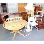 A modern beech drop leaf kitchen table, four associated dining chairs, hardwood occasional table wit