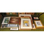 Various pictures, prints, floral still life, after Pablo Picasso, seascapes, etc. (contents of under