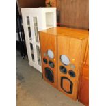 A pair of simulated rosewood speakers, 98cm high, and a white painted display cabinet, 132cm high, 5