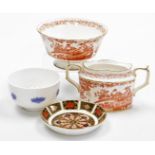 Three items of Royal Crown Derby porcelain, a Royal Crown Derby Old Imari pattern pin dish, 11cm wid