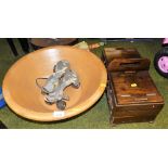 An oak sewing box, Oriental style parasol, roller skates, and a pottery dough bowl, 59cm diameter.