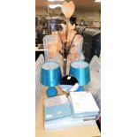A pair of turquoise coloured table lamps, 36cm high overall, various Dunelm pillow cases, new and in