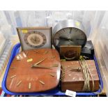 A mid 20thC teak wall clock, a Metomic quartz mantel clock, etc. (1 tray)