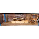 A dolls wicker chair, wicker log basket, gilt framed wall mirror, oak fire fender, etc. (a quantity)