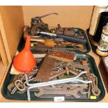 Various hand tools, to include spanners, hammers, wire brush, braces, vintage oil can, etc. (2 trays