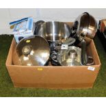 A quantity of stainless steel saucepans, two Le Hatch eyeball security camera, boxed. (1 box)