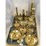 Victorian and later brassware, to include chambersticks, various candlesticks, etc. (2 trays)