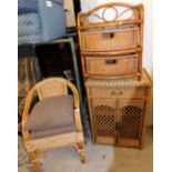 Various wicker furniture, to include a side chair, a two drawer shelving unit and a side cabinet. (3