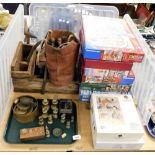 Various brass mixed weights, jigsaw puzzles, leather gloves, treen box with a hinged lid, tools, etc