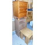A light oak nest of three tables, the largest 46cm high, a pine three drawer bedroom chest on bun fe