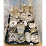 A group of plated wares, to include part cruet, egg cups and spoons, trumpet, vases, six division to