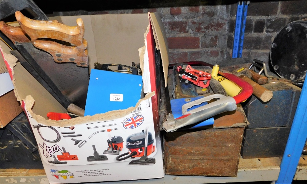 Various tools, tool boxes, carpentry tools, etc., to include hand saws, clamps, etc. (a quantity)