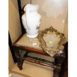 An oak framed stool, the top with an embroidered inset seat, 47cm high, a gilt framed mirror and a w