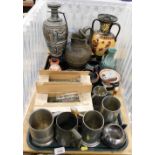 Various Greek style vases, flagons, etc., pewter tankards, glass ships in bottles, etc. (2 trays)