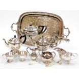 A collection of silver plated items, to include an oval tea tray with shaped shell capped handles, 6