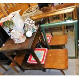 An oak bedside table, with a frieze drawer, 65cm high, two wall mirrors, Christmas tree stand and a