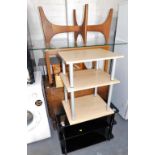 A group of furniture, to include an oak gate leg table, a glass three tier television stand, a glass