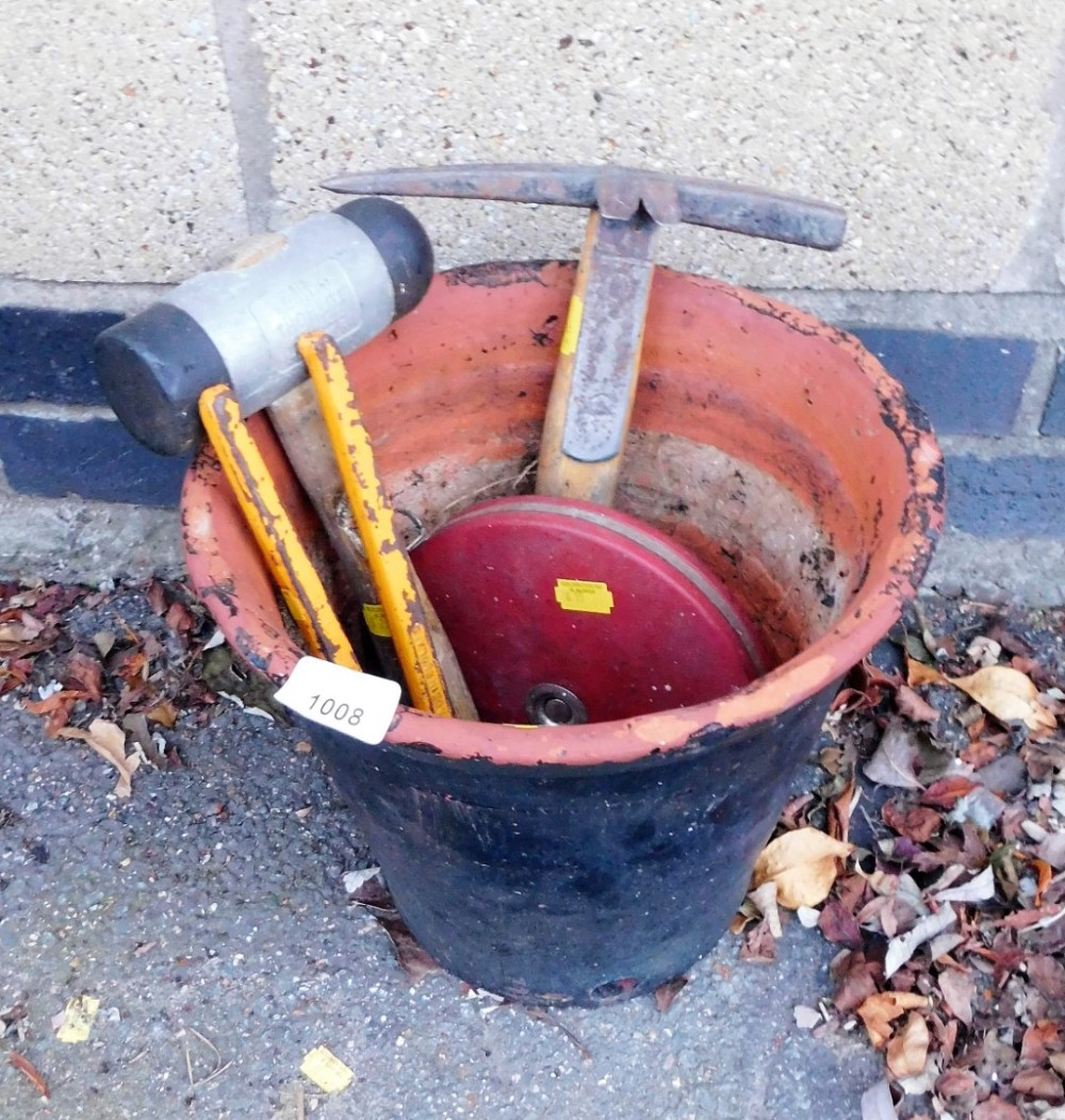 A painted terracotta plant pot, 25cm high, pick axe, tape measure, etc. (a quantity)