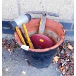 A painted terracotta plant pot, 25cm high, pick axe, tape measure, etc. (a quantity)
