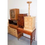 A group of furniture, to include a stripped pine three drawer bedside chest, 61cm high, a mid 20thC