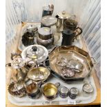 A quantity of plated wares, to include Arts and Crafts type water jug, grape scissors, salt and pepp