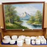 20thC School. Mountain and lake scene, oil on canvas, 59cm x 90cm, and a quantity of Biltons part te