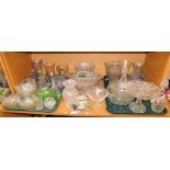 Glassware, to include pedestal dish, decanters, various bowls, paperweight, glass bird figure, etc.